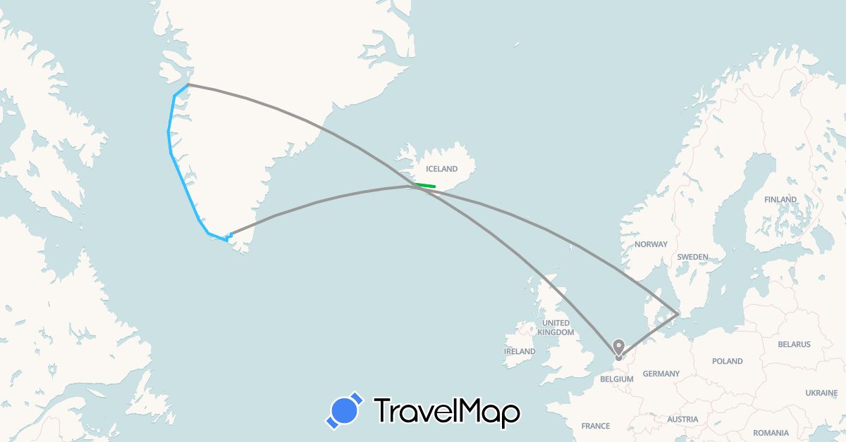 TravelMap itinerary: driving, bus, plane, hiking, boat in Denmark, Greenland, Iceland, Netherlands (Europe, North America)